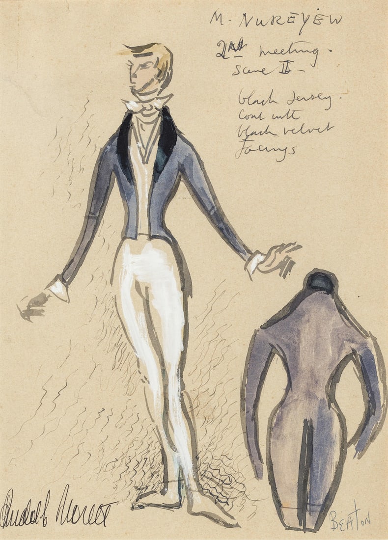 Cecil Beaton (British, 1904-1980) A costume design for Rudolf Nureyev as the titular role in Mar...: Cecil Beaton (British, 1904-1980) A costume design for Rudolf Nureyev as the titular role in Marguerite and Armand, Royal Opera House, 1963 signed 'BEATON' (lower right) and inscribed (upper right); f