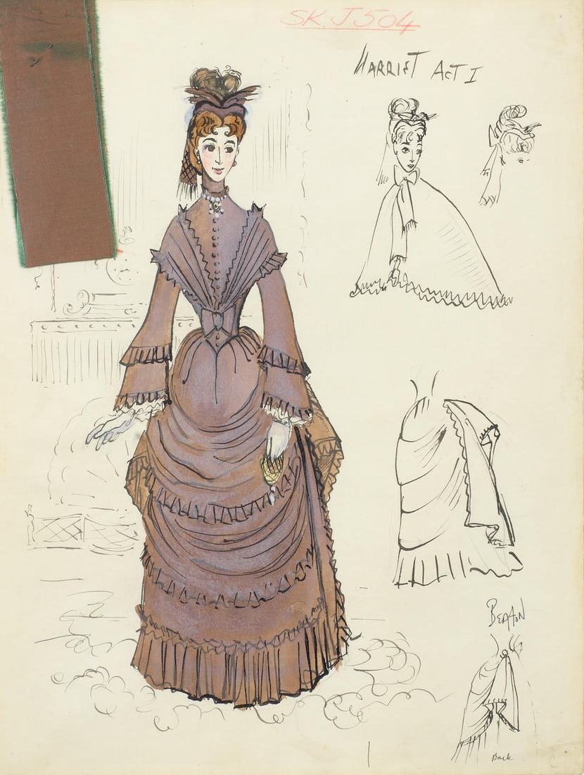 Cecil Beaton (British, 1904-1980) A costume design for the character of Joyce Carey as 'Harriet'...: Cecil Beaton (British, 1904-1980) A costume design for the character of Joyce Carey as 'Harriet' in Quadrille, Phoenix Theatre, 1952 signed 'BEATON' (lower right) watercolour, gouache, pen and ink, an