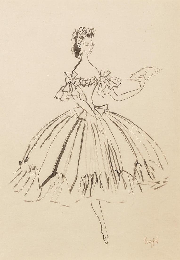 Cecil Beaton (British, 1904-1980) A sketch of Margot Fonteyn as the titular role in Marguerite a...: Cecil Beaton (British, 1904-1980) A sketch of Margot Fonteyn as the titular role in Marguerite and Armand, Royal Opera House, 1963 signed 'BEATON' (lower right) pen and ink 46.75 x 32.5cm (18 3/8 x 12
