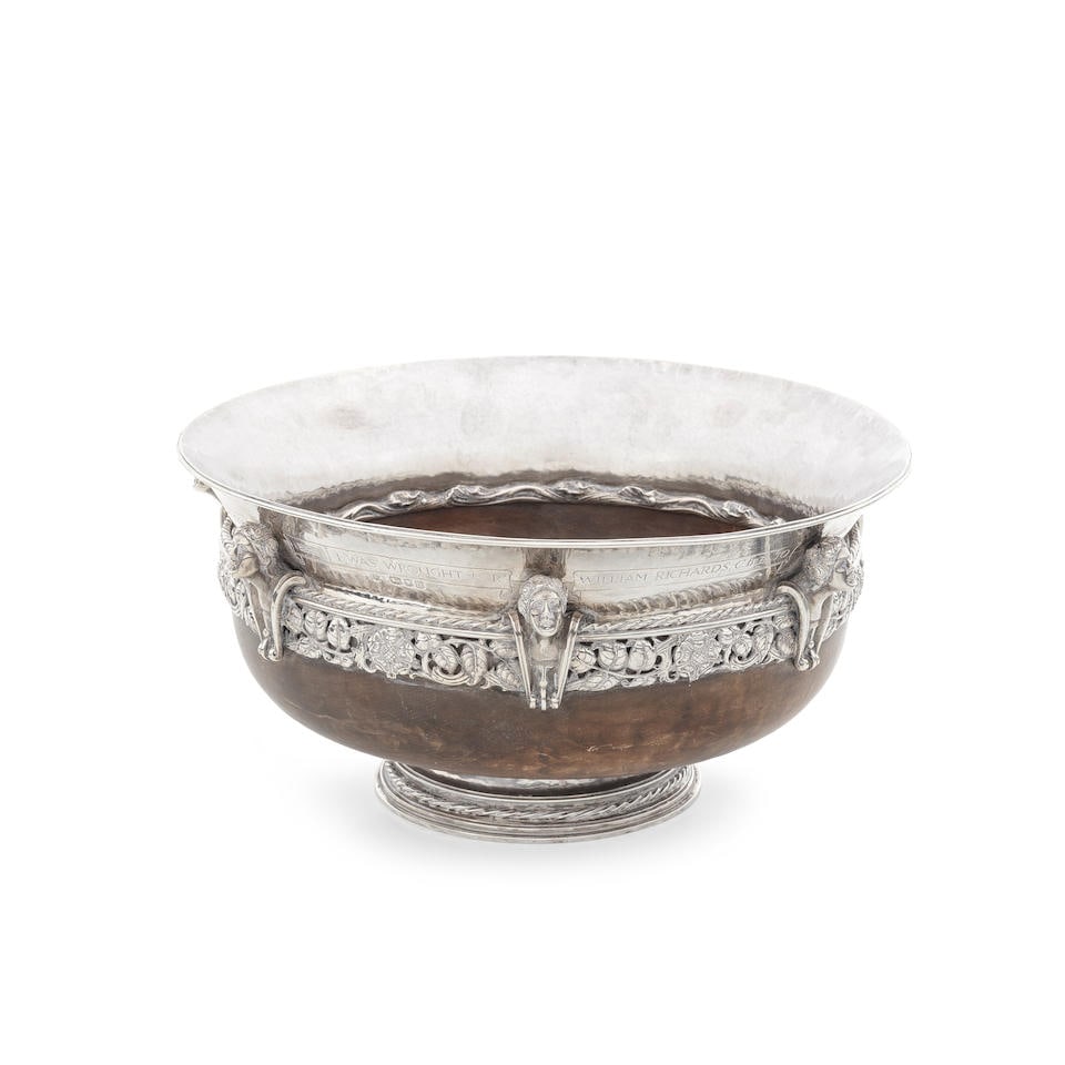 An important George V silver-mounted and enamel mazer-bowl Omar Ramsden, London 1937: An important George V silver-mounted and enamel mazer-bowl Omar Ramsden, London 1937 With flared rim supported by cast figural terms above a rope twist and pierced floral and foliate border, the rim