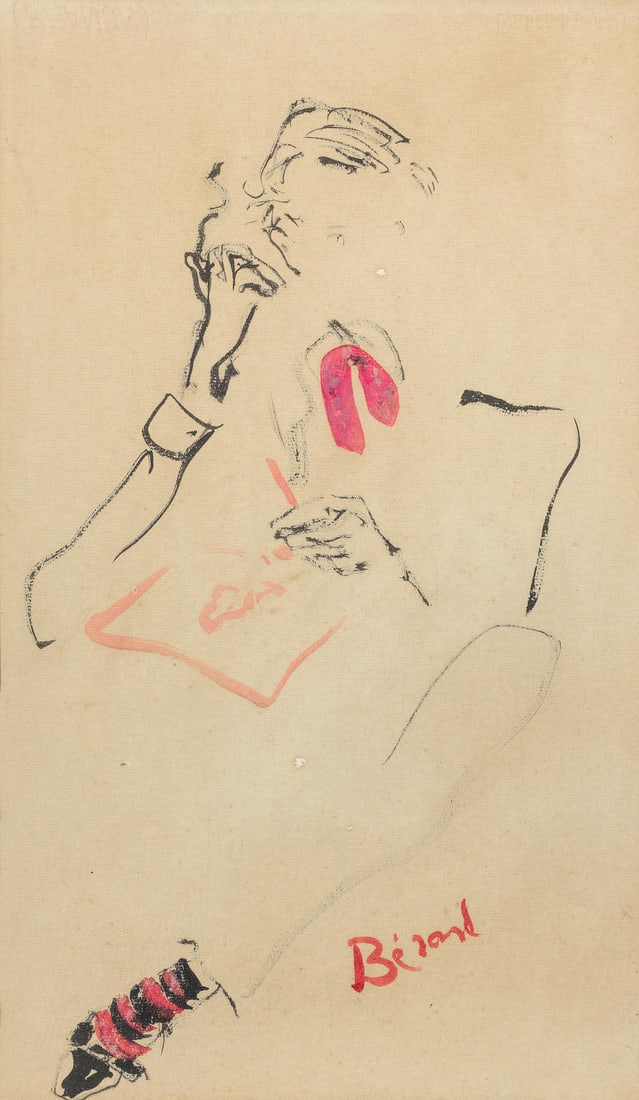 Christian Bérard (French, 1902-1949) Cecil Beaton, circa 1937: Christian Bérard (French, 1902-1949) Cecil Beaton, circa 1937 Full-length, with one leg crossed and smoking a cigarette signed 'Bérard' (lower right) gouache 46.5 x 27.25cm (18 5/16 x 10 3/4