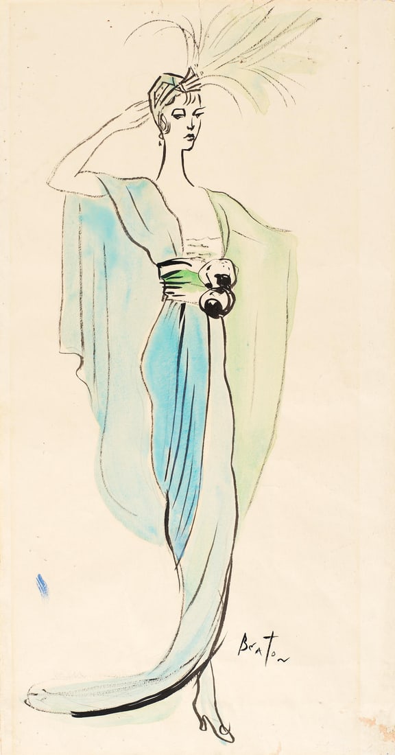Cecil Beaton (British, 1904-1980) A costume design for a lady in blue and green unframed: Cecil Beaton (British, 1904-1980) A costume design for a lady in blue and green signed 'BEATON' (lower right) watercolour and pen and ink 42 x 22cm (16 9/16 x 8 11/16in). unframed This lot is subject