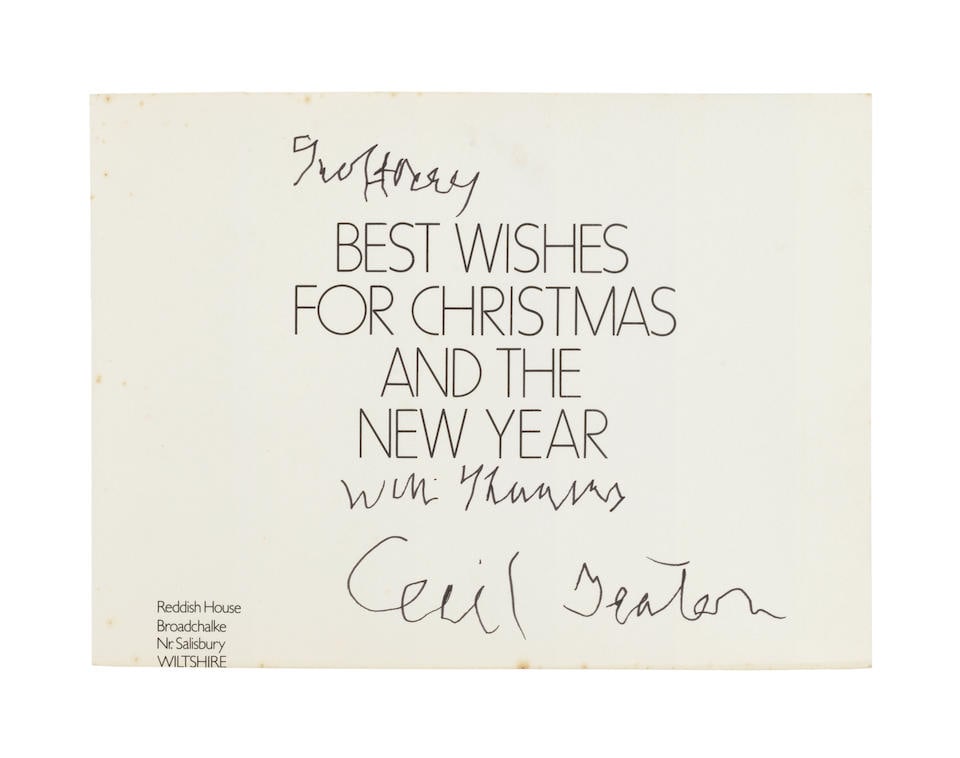 Cecil Beaton (British, 1904-1980) A selection of cards and ephemera To include:three various Chr...: Cecil Beaton (British, 1904-1980) A selection of cards and ephemera To include: three various Christmas cards, signed and inscribed by Beaton; a promotional photograph of Beaton for the publication of