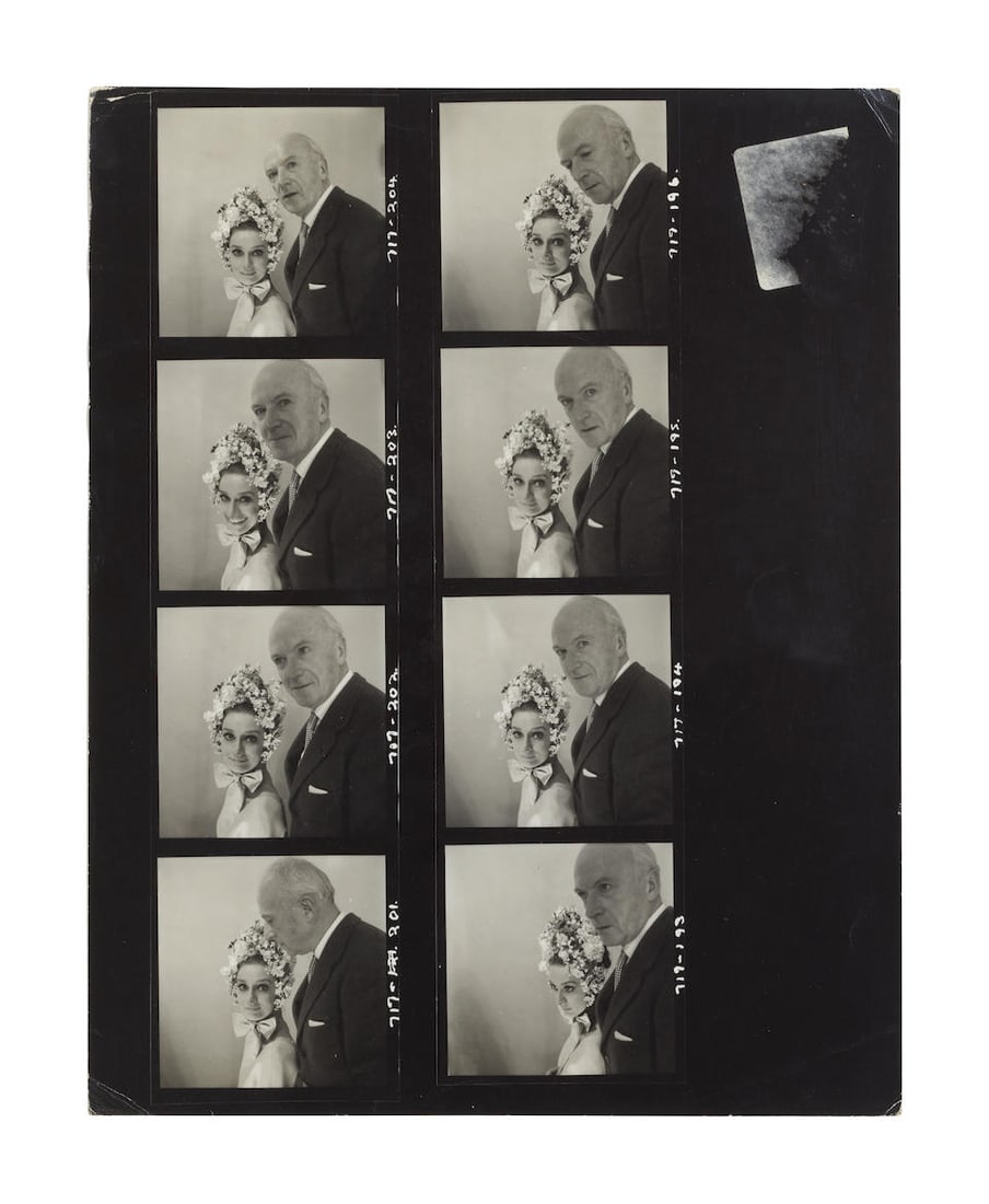 American School (20th Century); Cecil Beaton and Audrey Hepburn for US Vogue;: American School (20th Century) Cecil Beaton and Audrey Hepburn for US Vogue, March 1964 Eight double portraits, bust-length, Hepburn with floral headdress, black and white contact sheet sheet 25.75 x