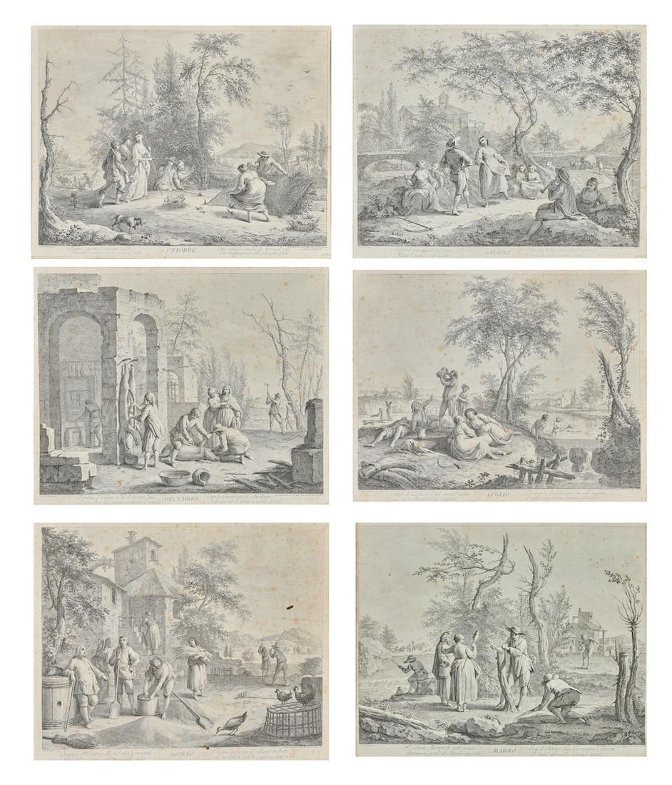 Francesco Bartolozzi R.A. (Florence 1727-1815 Lisbon), after Giuseppe Zocchi March, June, July, ...: Francesco Bartolozzi R.A. (Florence 1727-1815 Lisbon), after Giuseppe Zocchi March, June, July, August, October and December from the months of the year engravings on laid paper, framed 35.5 x 45.5 cm
