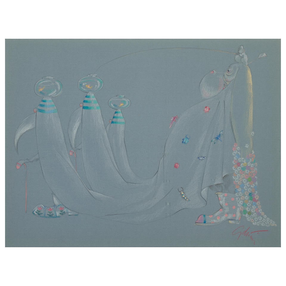 Gilbert Adrian (1903-1959): A Fantasy Wedding artwork, circa 1950,: Gilbert Adrian (1903-1959): A Fantasy Wedding artwork, circa 1950, graphite and pastel on blue paper, signed in red pastel, to the lower right corner, matted and framed, depicting a fantastical, scien