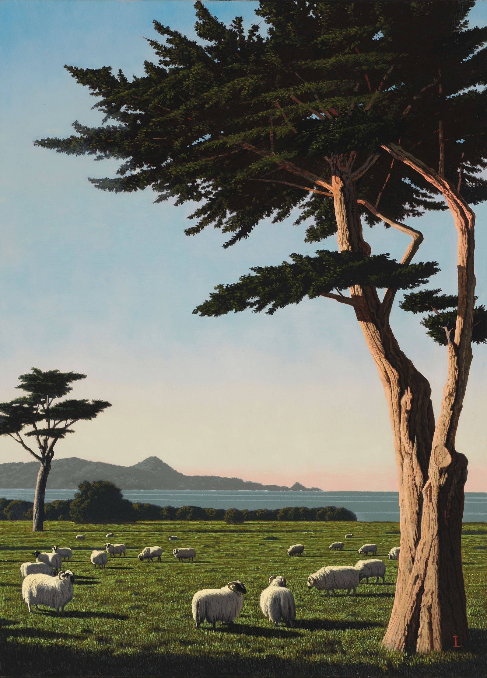 David Ligare (born 1945) Landscape with Sheep 36 x 26 in. framed 38 1/2 x 28 1/2 in.: David Ligare (born 1945) Landscape with Sheep initialed 'L' (lower right) and signed and dated 'D. Ligare / 2017' (on the reverse) oil on canvas 36 x 26 in. framed 38 1/2 x 28 1/2 in. Footnotes: Pr