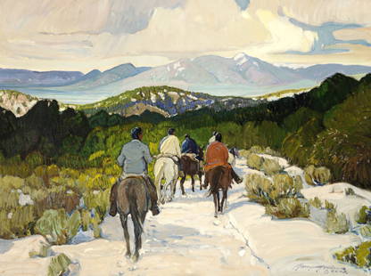 Jerry Jordan (born 1944) Season of Silence 30 x 40 in. framed 37 x 47 in.: Jerry Jordan (born 1944) Season of Silence signed and inscribed 'Jerry Jordan / © T.A.O.S.' (lower right), signed again and titled (on the backing board) oil on canvas 30 x 40 in. framed 37 x 47