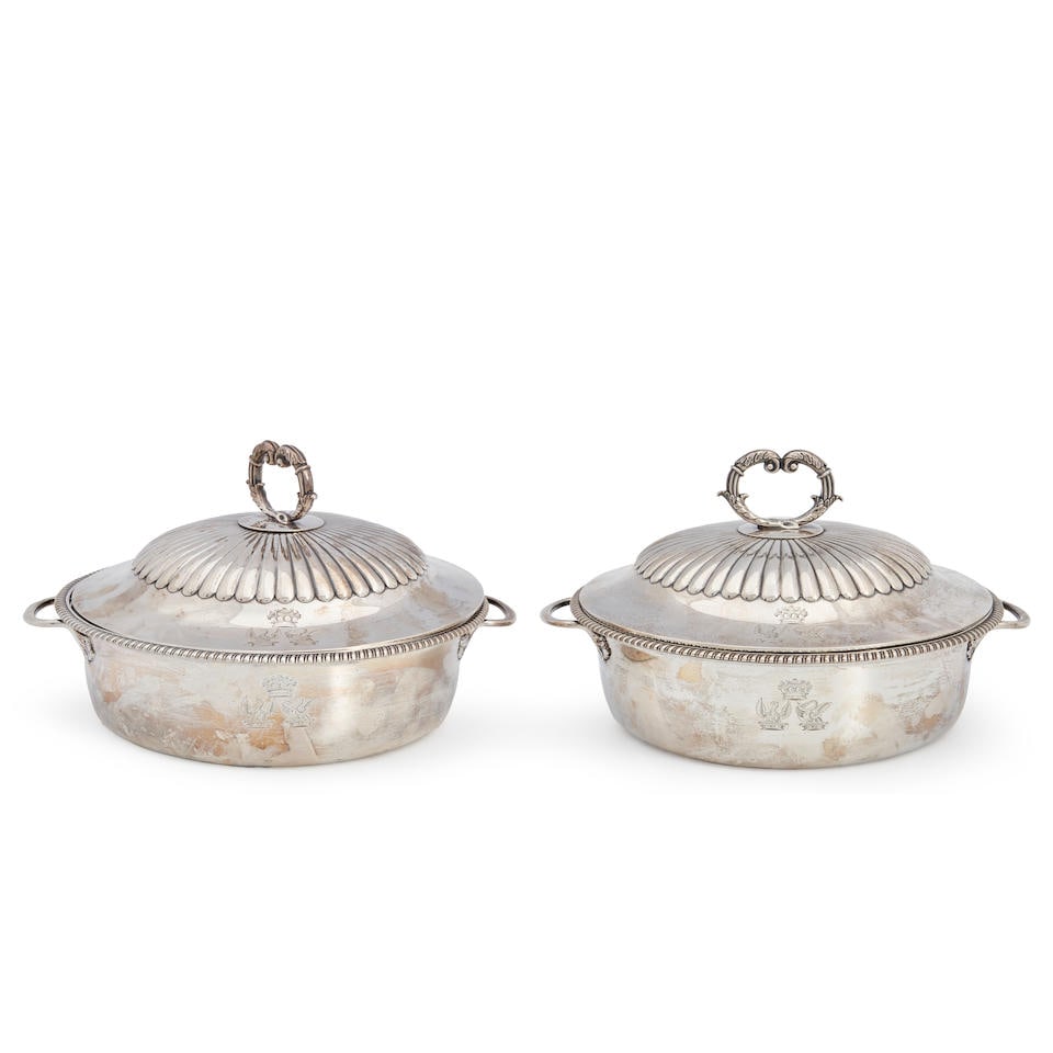 Pair of George III Sterling Silver Covered Entrée Dishes,: Pair of George III Sterling Silver Covered Entrée Dishes, London, 1810, Benjamin Smith II & James Smith III, makers, with compressed bell-form lids with gadroon above the crest of the Earls of L
