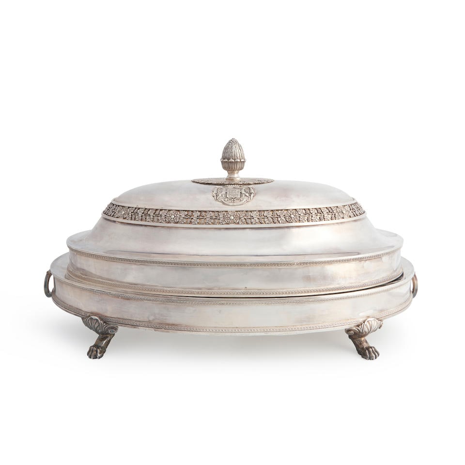 Odiot .950 Silver Covered Meat Dish and Warming Stand from the service of Count Pozzo di Borgo,: Odiot .950 Silver Covered Meat Dish and Warming Stand from the service of Count Pozzo di Borgo, Paris, 1819-1838, Jean Baptiste Claude Odiot, maker, of oval form, edged with bands of leaves, ornament