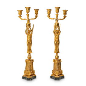 A Fine Pair of Empire Ormolu and Grey-marble Three Light Candelabra, c. 1810, (1 of 2)