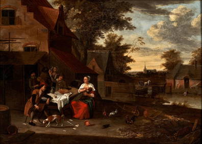 Dutch School (17th Century) Peasants Outside a Tavern (framed 78.5 x 102.0 x 5.0 cm (30 7/8 x 40... (1 of 2)