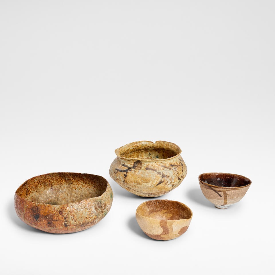 Ewen Henderson Bowl with flared lip: Ewen Henderson Bowl with flared lip Hand built with laminated clays, in shades of ochre, light grey and dark brown. Together with three smaller laminated bowls in shades of brown and blue, the widest