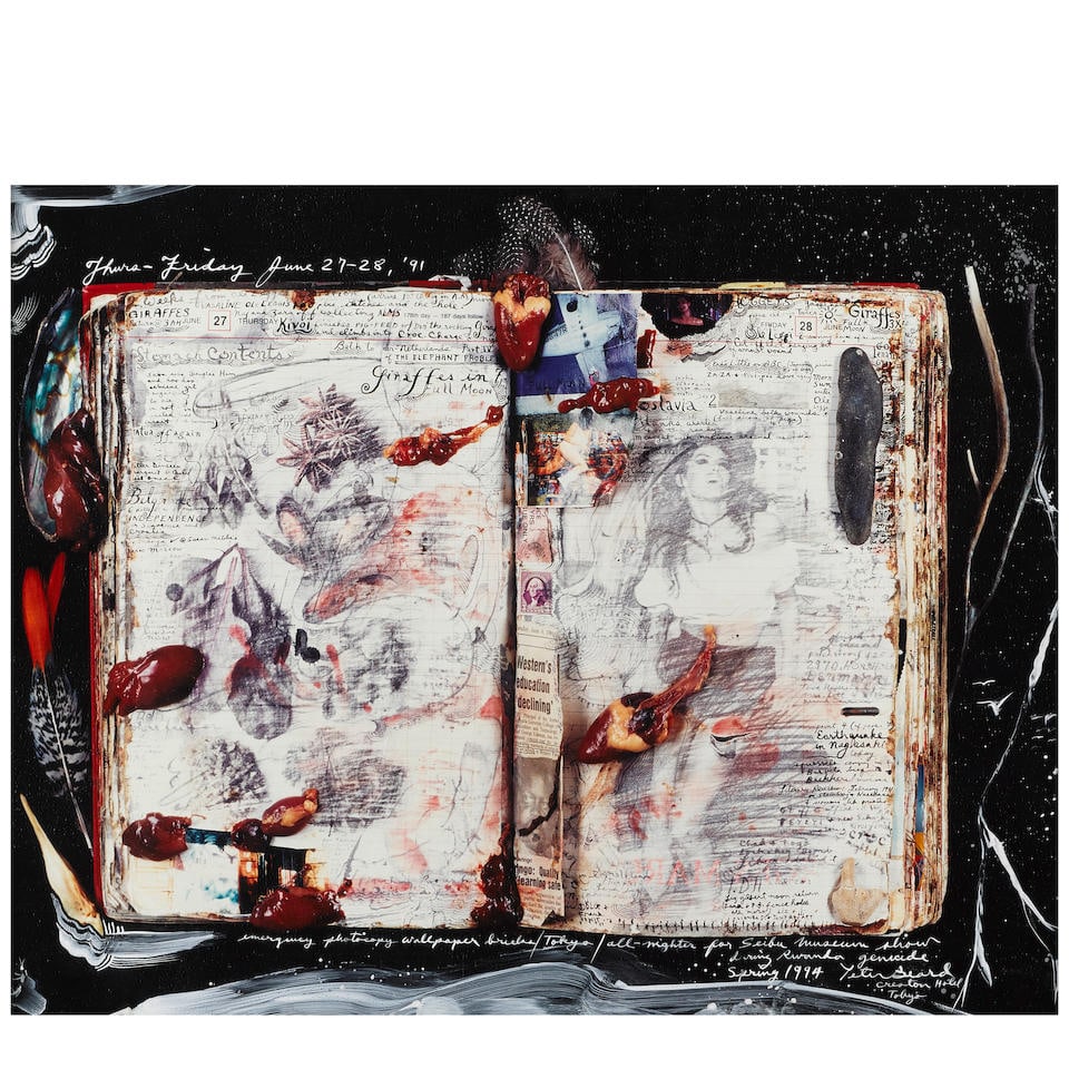 Peter Beard (1938-2020); Diary Page, Thurs-Friday June 27-28, '91;: Peter Beard (1938-2020) Diary Page, Thurs-Friday June 27-28, '91, 1991 Chromogenic print, printed 1994; signed and annotated 'Thurs-Friday June 27-28, '91' and 'emergency photocopy wallpaper bricks/To
