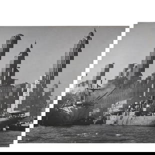 Andreas Feininger (1906-1999); Port of New York, East River;: Andreas Feininger (1906-1999) Port of New York, East River, 1946 Ferrotyped gelatin silver print; the photographer's 'LIFE Photo by Andreas Feininger' credit stamp on the reverse. 10 5/8 x 13 1/4 in.