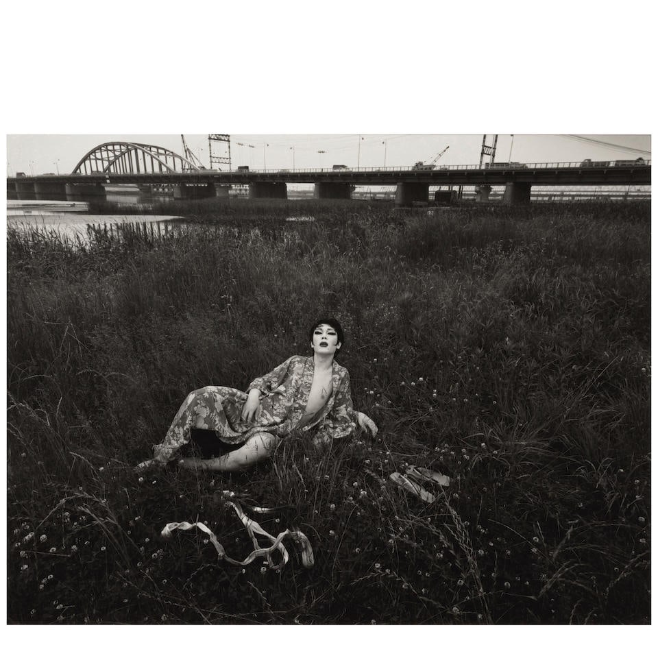 Eikoh Hosoe (1933-2024); Male Transvestite in Kimono;: Eikoh Hosoe (1933-2024) Male Transvestite in Kimono, 1971 Gelatin silver print, printed later; signed in English and Japanese and dated in pencil on the reverse, framed. 10 1/2 x 13 7/8 in. (26.7 x 35