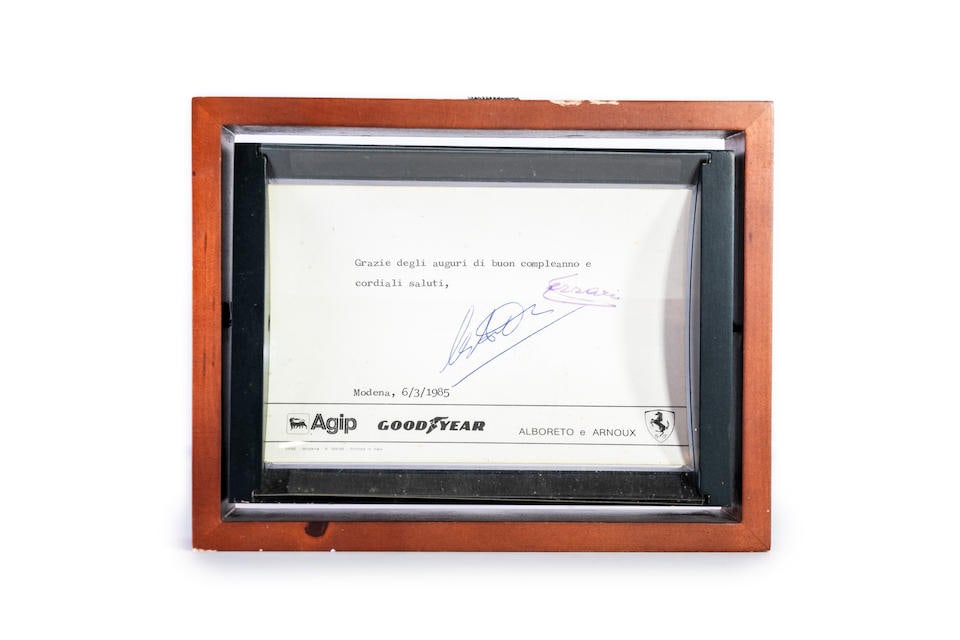 An Enzo Ferrari autographed post card, (1 of 15)