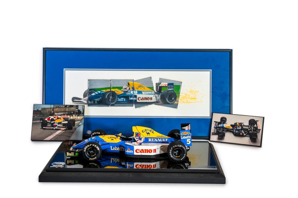 A Nigel Mansell 1:12 scale signed model and flat art group, (1 of 20)