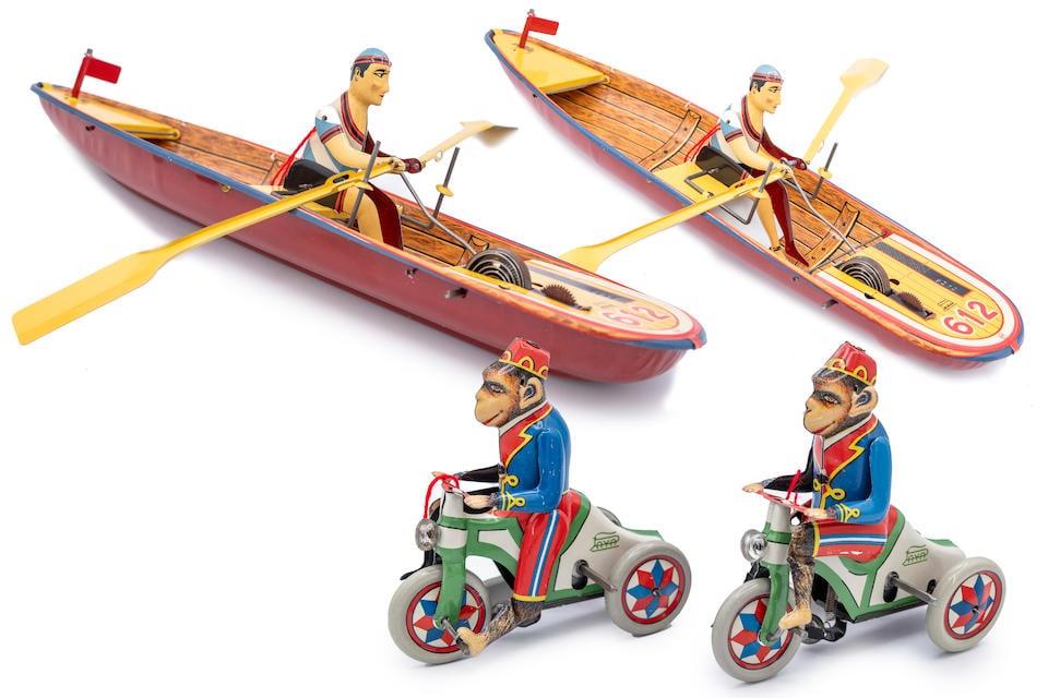 A Paya reproduction Mono Con Triciclo 1940 together with 2 Paya reproduction Barca Remos 1923,: 179 (25673181/2) A Paya reproduction Mono Con Triciclo 1940 together with 2 Paya reproduction Barca Remos 1923, Paya Mono Con Triciclo 1940 has 2 in box, like new in box, boat is 12' long. Lot to be s
