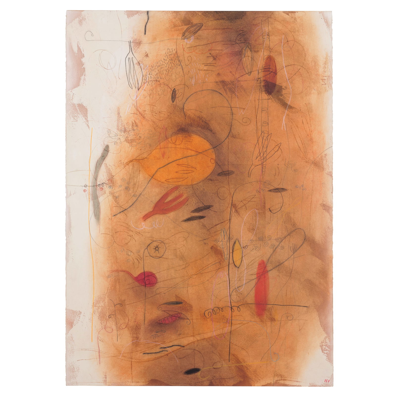 An Emmi Whitehorse mixed media composition, '#1057 (Arid Garden),' 1995: Emmi Whitehorse Diné (Navajo), (b. 1957), '#1057 (Arid Garden),' 1995, mixed media on paper mounted on canvas, signed with the artist's cypher lower right, signed, titled, and dated verso. paper: