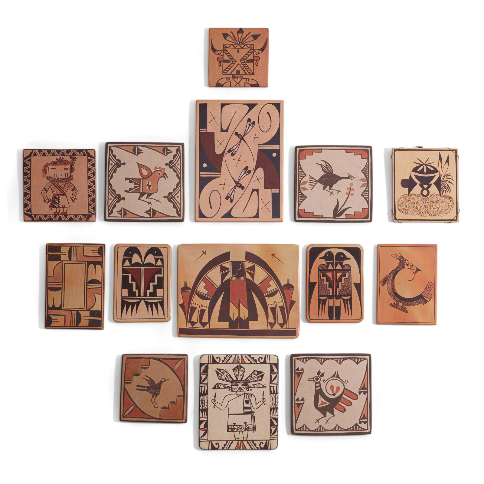 Fourteen Hopi and Zia pottery tiles: Fourteen Hopi and Zia pottery tiles All but one polychrome, in a variety of motifs, including bird themes, abstract designs, and katsina representations, with examples by Elizabeth Medina (Zia), Stets