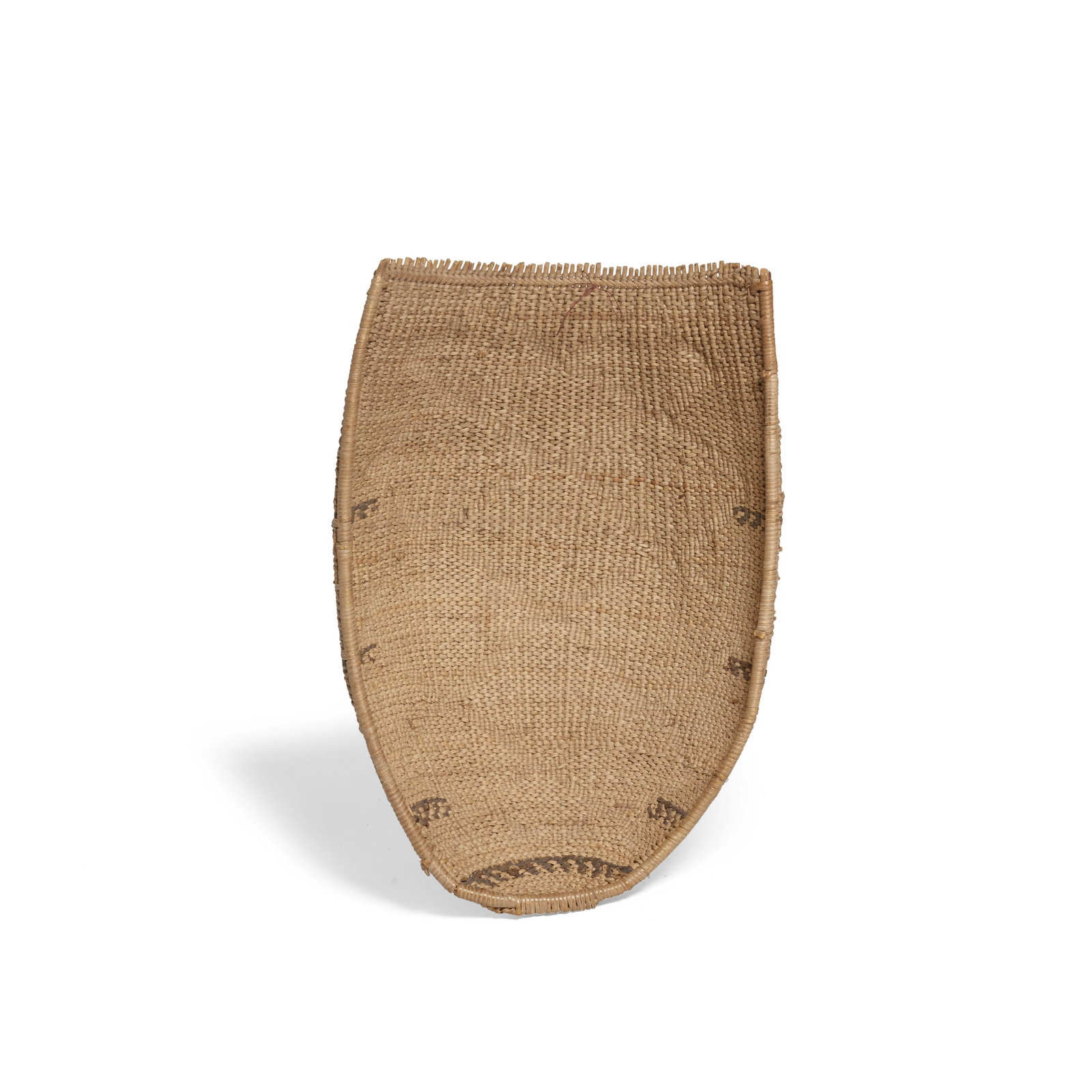 A Costanoan winnowing basket: A Costanoan winnowing basket Twined as a scoop, with sparse crenelated decorative accents. length 12in, width 8in Footnotes: Provenance A Notable California Collection