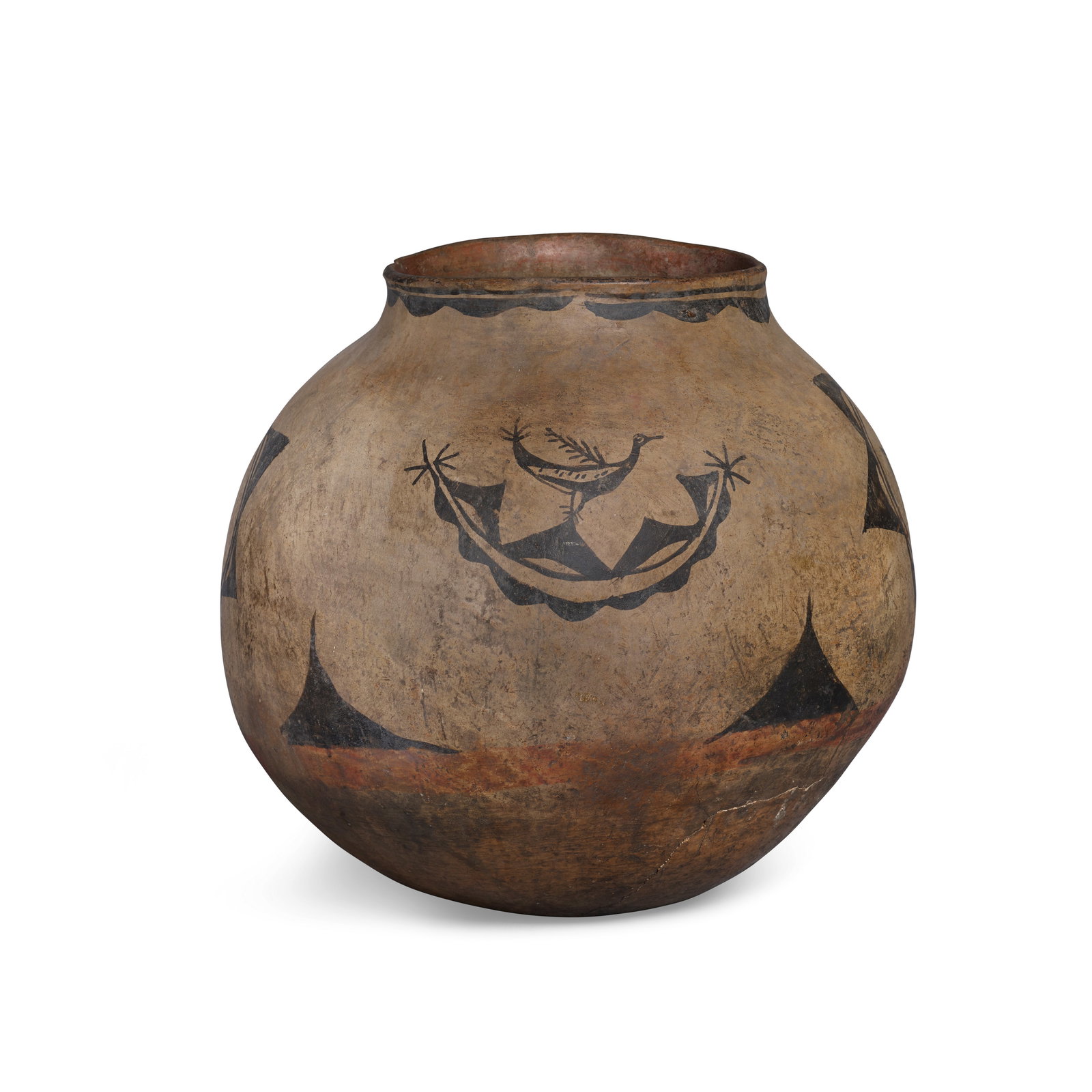 A Cochiti pictorial storage jar: A Cochiti pictorial storage jar A bulbous pottery jar designed with birds perched on serrated demilunes and six-point stars enclosing blossoms, restored and with a visible, branching crack running upw