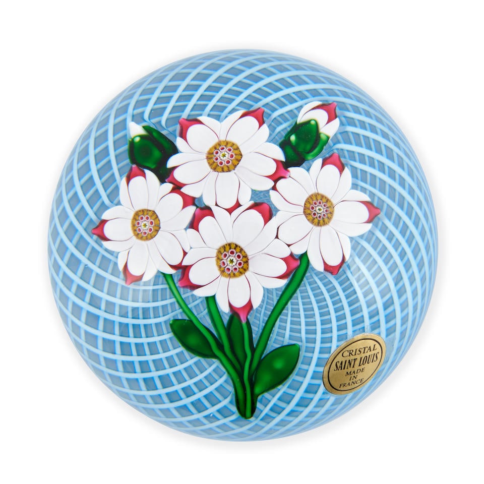 SAINT LOUIS FLORAL BOUQUET ON SWIRL LATTICE GROUND GLASS PAPERWEIGHT France, dated 1985, cane ma... (1 of 3)