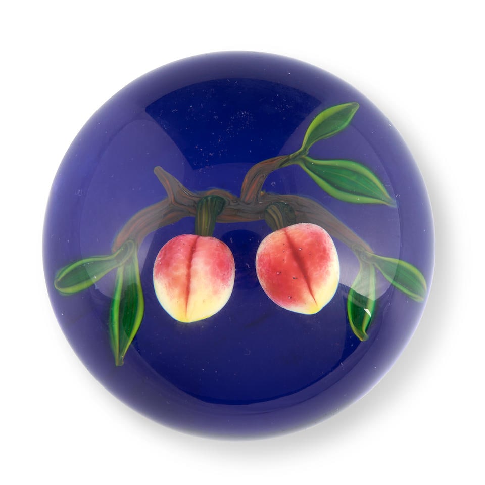 DEBBIE TARSITANO (B. 1955) DOUBLE PEACH GLASS PAPERWEIGHT Massachusetts, late 20th century, cane... (1 of 3)
