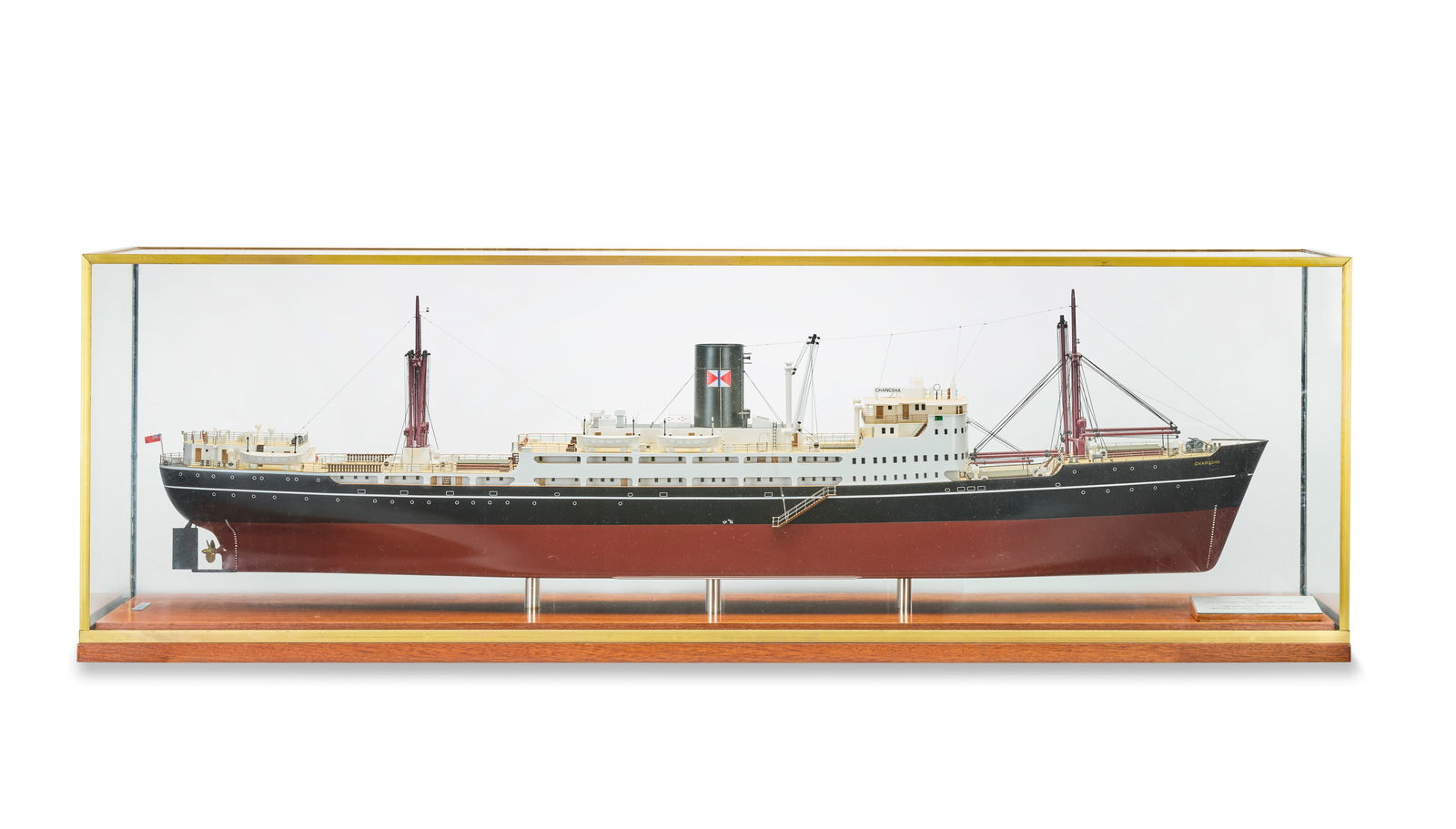 A 1:100 scale model of the cargo ship Changsha,: A 1:100 scale model of the cargo ship Changsha, built by Norman Hill, the well detailed model with deck fittings including hand rails and stanchions, six life boats on davits, winches, cranes, navigat