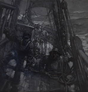 Sir Frank Brangwyn, RA (British, 1867-1956) All hands on deck (in a maple frame.): Sir Frank Brangwyn, RA (British, 1867-1956) All hands on deck signed with initials 'FB' (lower right) and indistinctly inscribed 'The Ghost in the Night Stars'(?) (on stretcher) oil on canvas 63.5 x 6