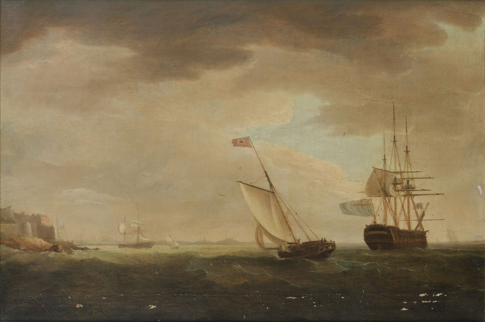 Thomas Whitcombe (British, circa 1752-1824) The 74-gun H.M.S. Brunswick hove-to off Castle Corne...: Thomas Whitcombe (British, circa 1752-1824) The 74-gun H.M.S. Brunswick hove-to off Castle Cornet, Guernsey, with a fast Post Office cutter crossing her stern bears inscription (on label verso), bears
