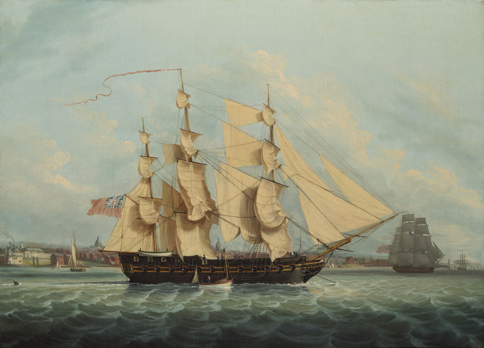 Circle of Robert Salmon (British, 1775-1845) A Privateer anchored in the Mersey and drying her s...: Circle of Robert Salmon (British, 1775-1845) A Privateer anchored in the Mersey and drying her sails in a fresh breeze oil on canvas 63.5 x 85.7cm (25 x 33 3/4in). Footnotes: Provenance