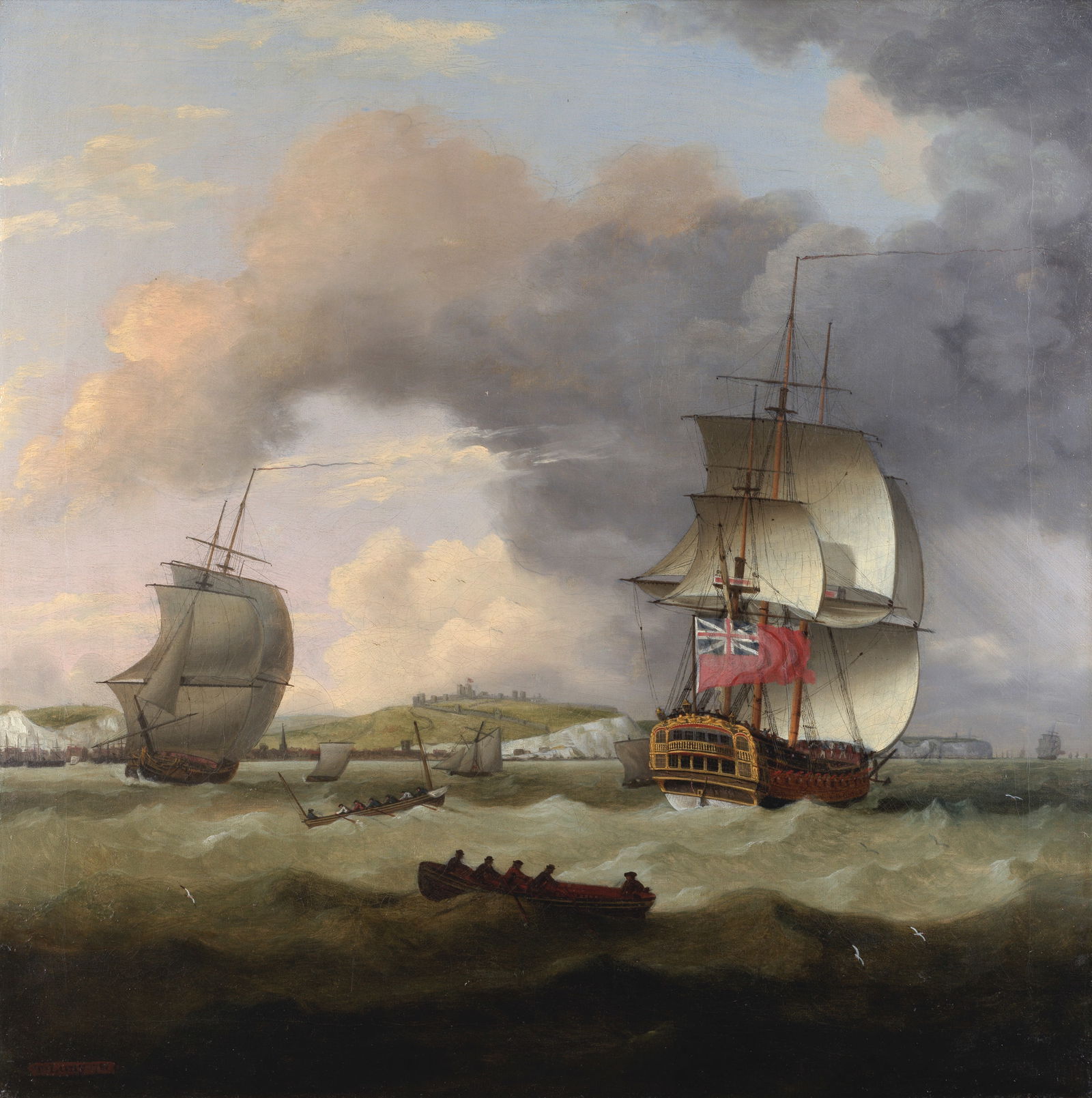 Thomas Luny (British, 1759-1837) An English frigate running up the Channel with Dover off to port: Thomas Luny (British, 1759-1837) An English frigate running up the Channel with Dover off to port signed and dated 'T. Luny 1787' (lower left) oil on canvas 62.6 x 62.5cm (24 5/8 x 24 5/8in). Footno