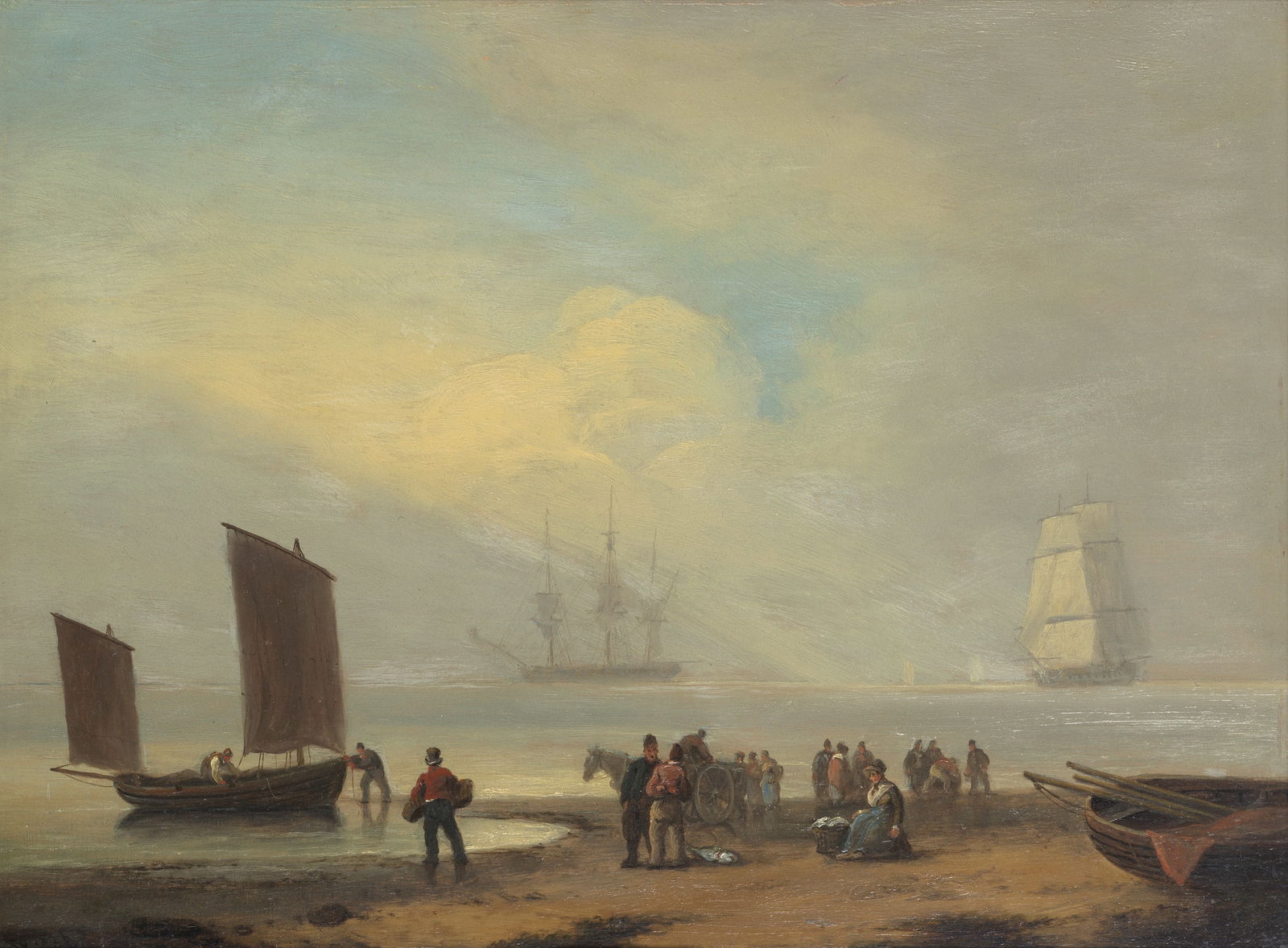 Thomas Luny (British, 1759-1837) 'Calm seashore, fishermen': Thomas Luny (British, 1759-1837) 'Calm seashore, fishermen' signed and dated 'Luny 1826' (lower left) oil on panel 30.5 x 40.7cm (12 x 16in). Footnotes: Provenance With Stacy Mark