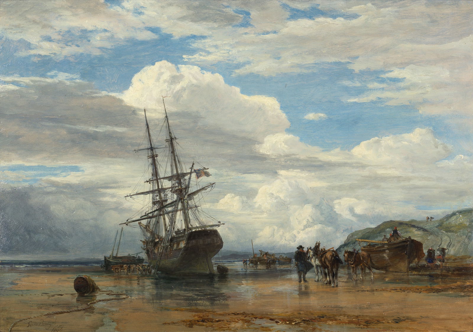 Samuel Bough RSA (British, 1822-1878) A British merchant ship at anchor at Dysart, Fife: Samuel Bough RSA (British, 1822-1878) A British merchant ship at anchor at Dysart, Fife signed and dated 'Sam Bough/1858' (lower left) oil on board 31.8 x 46cm (12 1/2 x 18 1/8in). Footnotes: