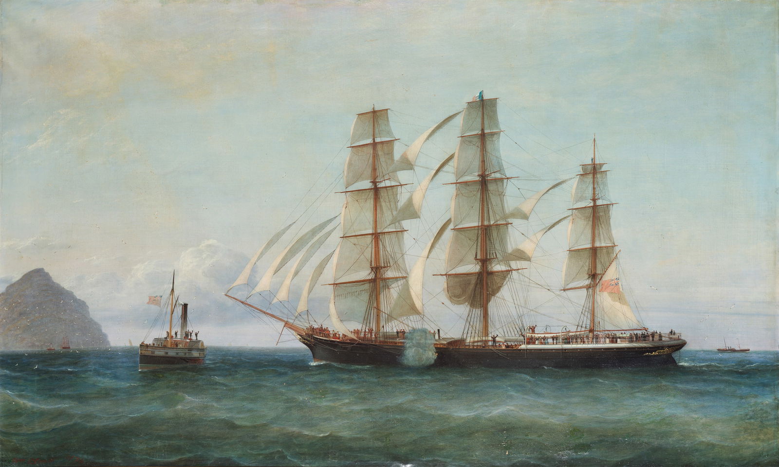 William Clark of Greenock (British, 1803-1883) 'God speed!' - Having cast off her tow, the crowd...: William Clark of Greenock (British, 1803-1883) 'God speed!' - Having cast off her tow, the crowded emigrant ship Mairi Bhan heads past Ailsa Craig outward bound for New Zealand on her maiden voyage in