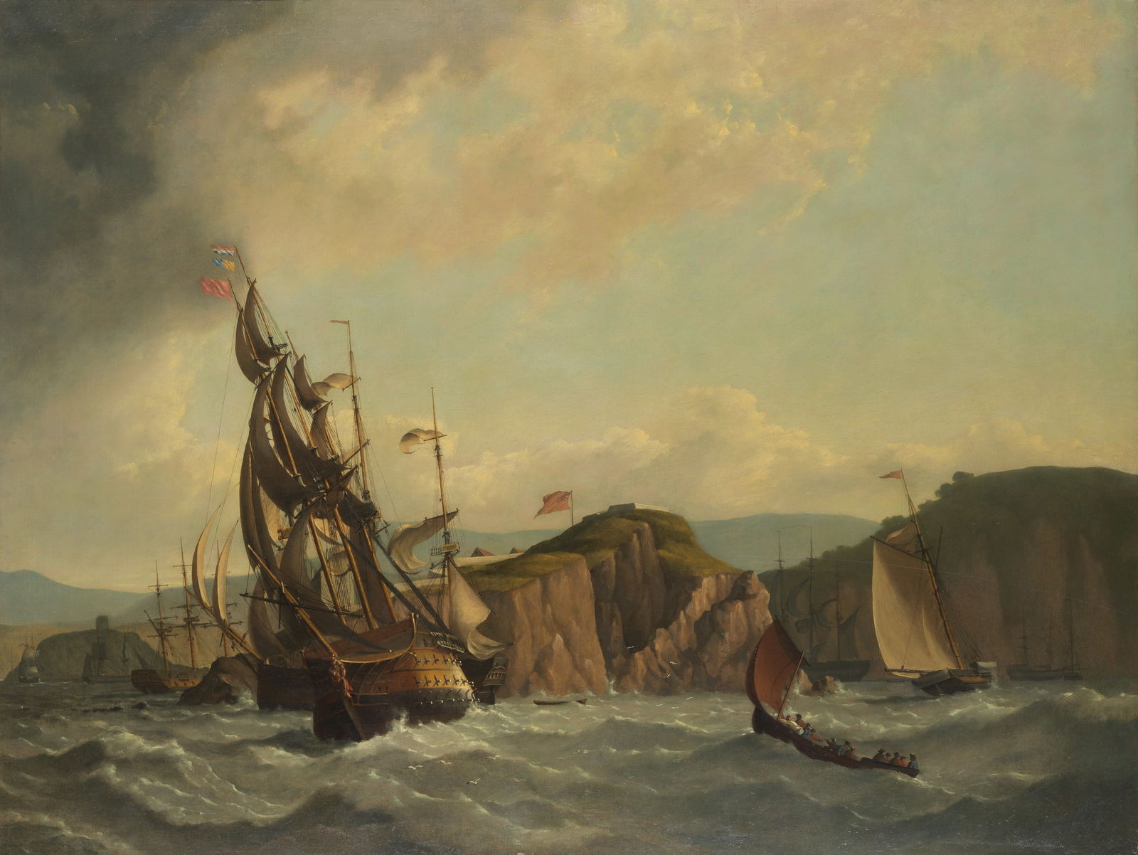Charles Martin Powell (Chichester 1775-1824) Men-of-war and other shipping off Falmouth Bay: Charles Martin Powell (Chichester 1775-1824) Men-of-war and other shipping off Falmouth Bay signed with monogram and dated '1816' (on sail of boat lower right) oil on canvas 81 x 108cm (31 7/8 x 42 1/