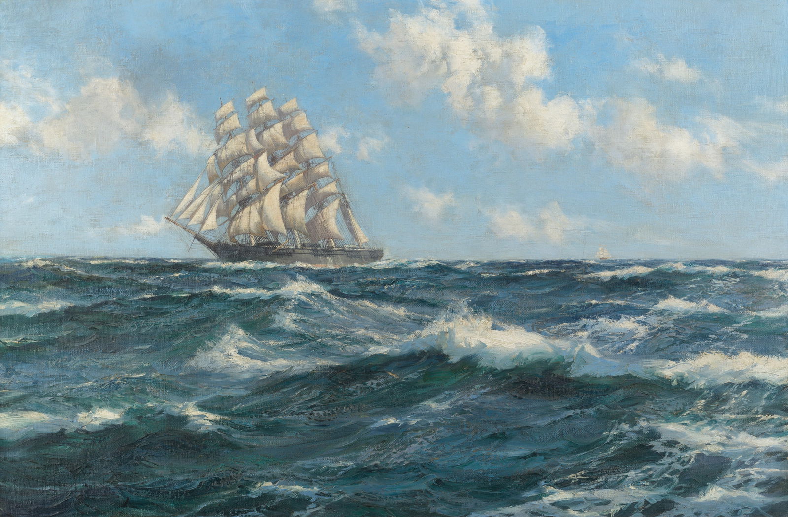 Montague Dawson (British, 1890-1973) 'The Great Republic': Montague Dawson (British, 1890-1973) 'The Great Republic' signed 'MONTAGUE.DAWSON' (lower left) and inscribed in pencil 'THE GREAT REPUBLIC' (on top stretcher) oil on canvas 51.7 x 76.9cm (20 3/8 x 30