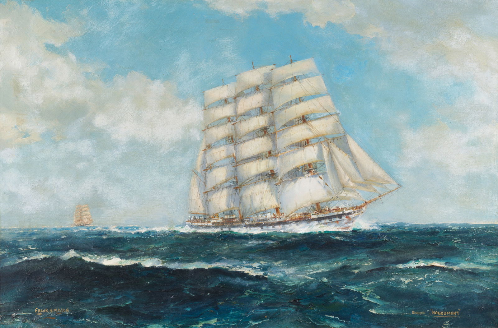Frank Henry Mason (British, 1875-1965) The barque Hougomont in full sail: Frank Henry Mason (British, 1875-1965) The barque Hougomont in full sail signed 'FRANK H MASON' (lower left) and inscribed 'BARQUE 'HOUGOMONT' (lower right) oil on canvas 51.1 x 76.5cm (20 1/8 x 30 1/