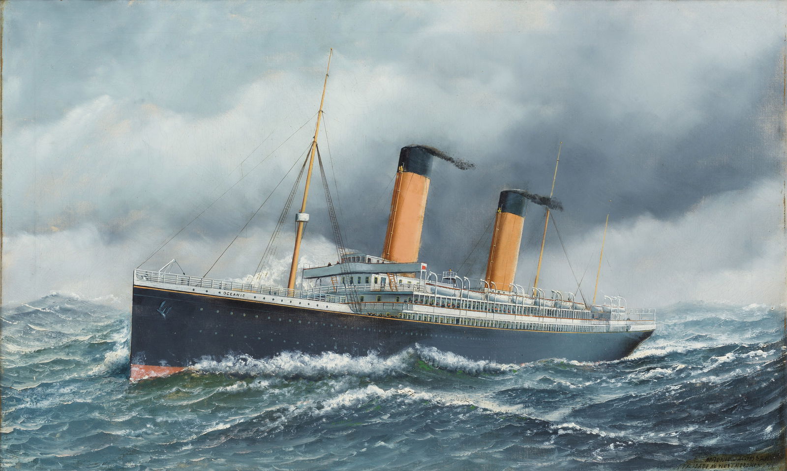 Antonio Nicolo Gasparo Jacobsen (Danish/American, 1850-1921) The White Star liner RMS Oceanic: Antonio Nicolo Gasparo Jacobsen (Danish/American, 1850-1921) The White Star liner RMS Oceanic signed and inscribed 'ANTONIO JACOBSEN/PALISADE AV. WEST HOBOKEN, NJ' (lower right) oil on canvas 56.5 x 9