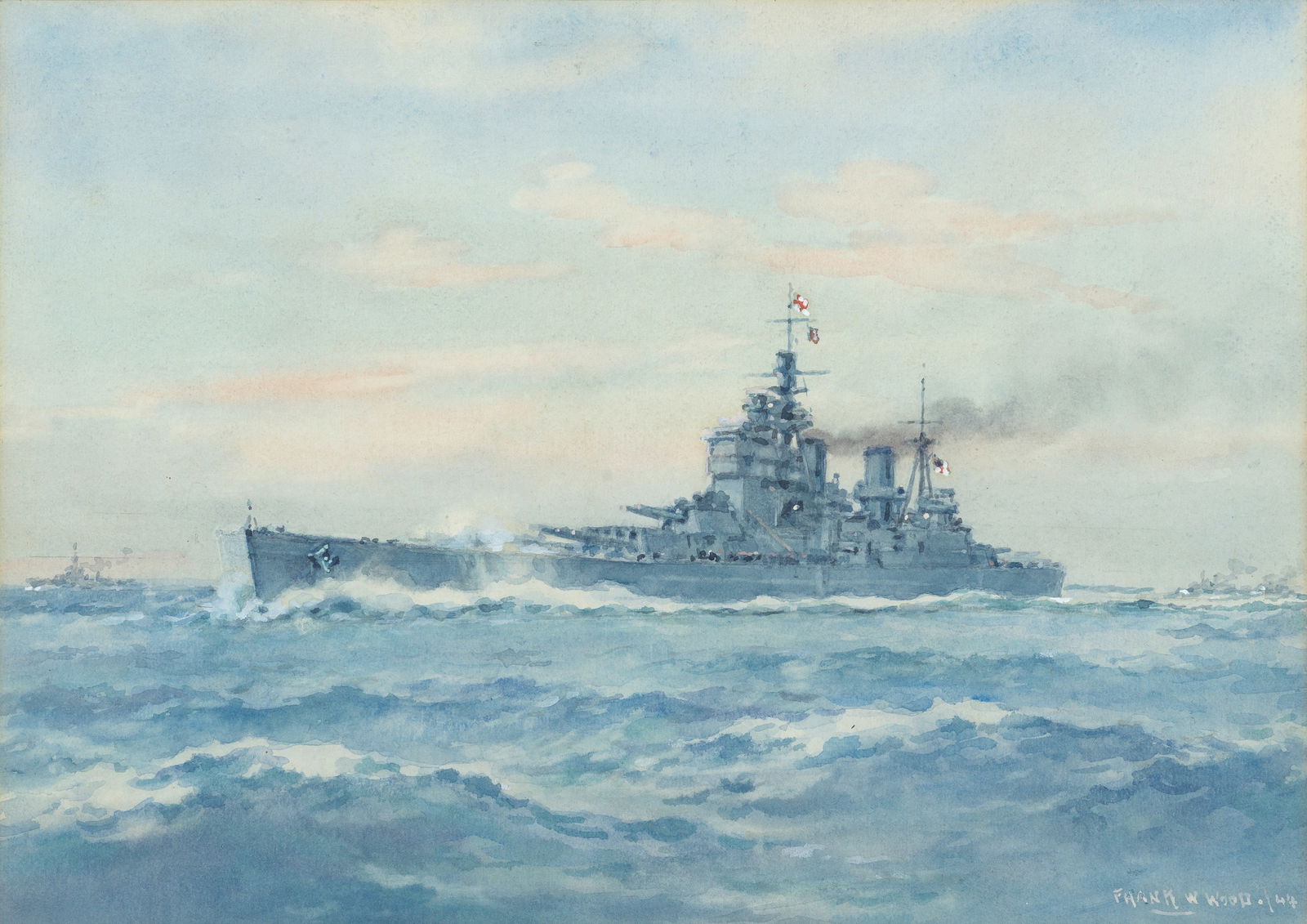 Frank Watson Wood (British, 1862-1953) HMS King George V: Frank Watson Wood (British, 1862-1953) HMS King George V signed and dated 'FRANK W WOOD.44' (lower right), bears title (on backing board) watercolour heightened with white 25.4 x 35.5cm (10 x 14in).