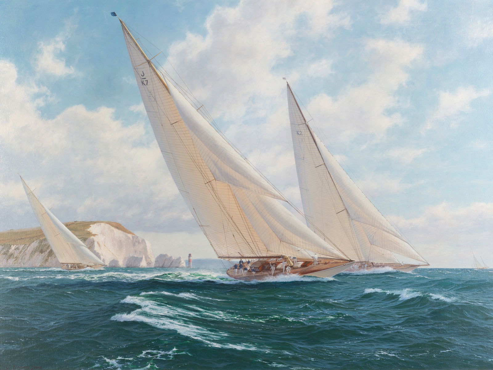 John Steven Dews (British, born 1949) Valsheda just ahead of Astra with Candida trailing: John Steven Dews (British, born 1949) Valsheda just ahead of Astra with Candida trailing signed 'J. Steven Dews' (lower left) oil on canvas 76.5 x 102.2cm (30 1/8 x 40 1/4in). F