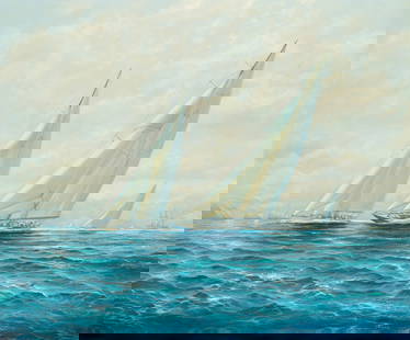 Michael James Whitehand (British, born 1941) Brittania, Valsheda and Endeavour racing off The Ne...: Michael James Whitehand (British, born 1941) Brittania, Valsheda and Endeavour racing off The Needles, 1934 signed and dated 'M WHITEHAND /92' (lower left), further inscribed '1934 off IOW BRITTANIA V