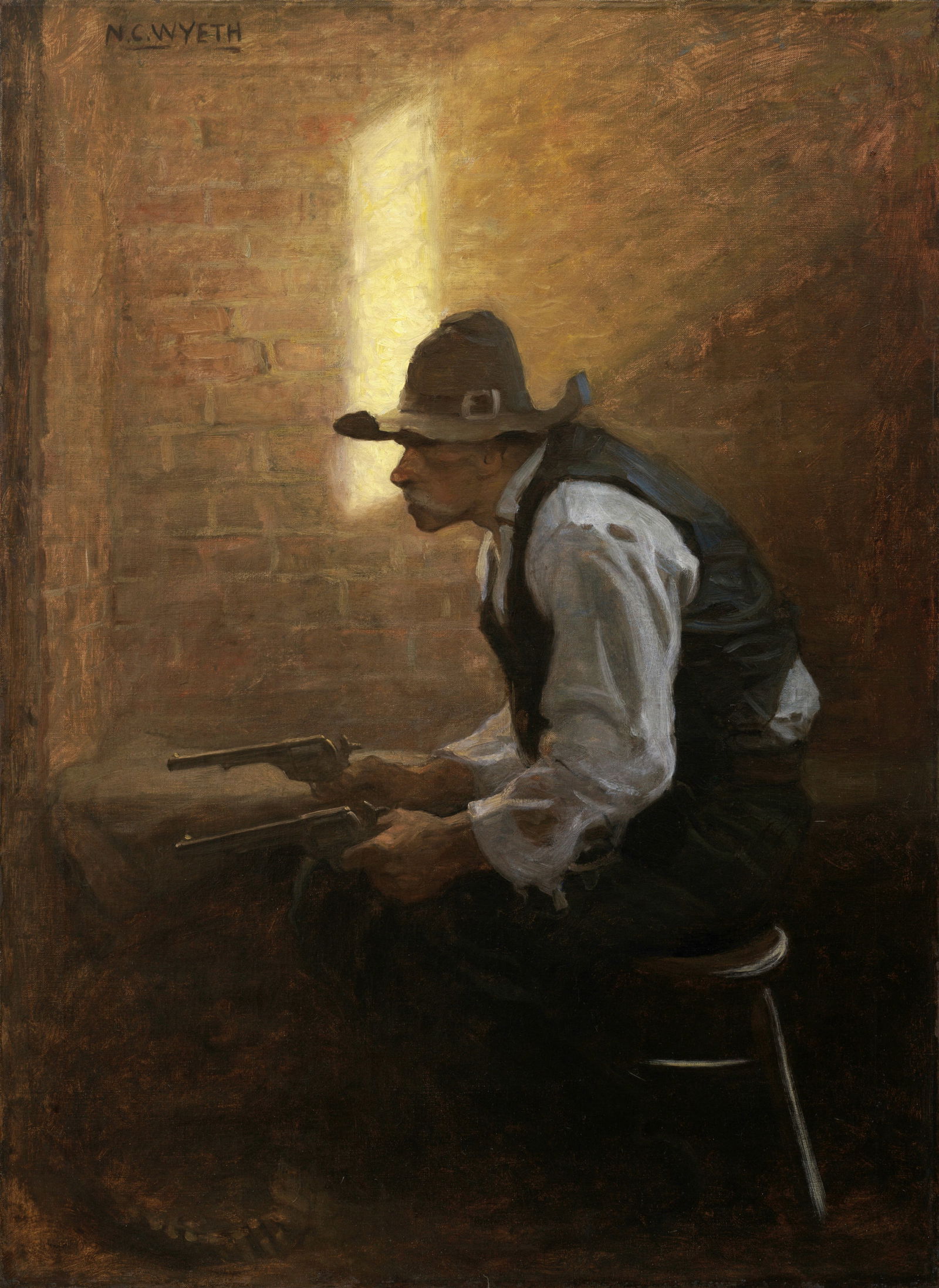 Newell Convers Wyeth (1882-1945) 'Who's afraid of his guns?' shouted McFarlane. 'He daren't shoo...: Newell Convers Wyeth (1882-1945) 'Who's afraid of his guns?' shouted McFarlane. 'He daren't shoot in a square fight!' (Colts 45) signed 'N.C. WYETH' (upper left) oil on canvas 34 1/4 x 25 in. (87 x 63