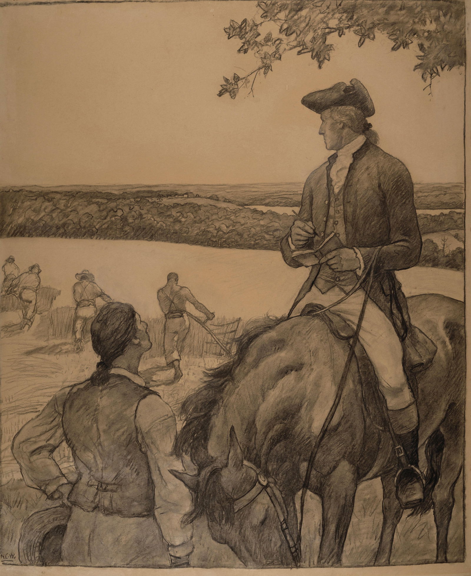 Newell Convers Wyeth (1882-1945) First Farmer of the Land, Composition Drawing 42 x 34 7/8 in. (...: Newell Convers Wyeth (1882-1945) First Farmer of the Land, Composition Drawing signed with initials 'N.C.W.' (lower left) charcoal on paper laid down on board 42 x 34 7/8 in. (106.7 x 88.6 cm.) Execut