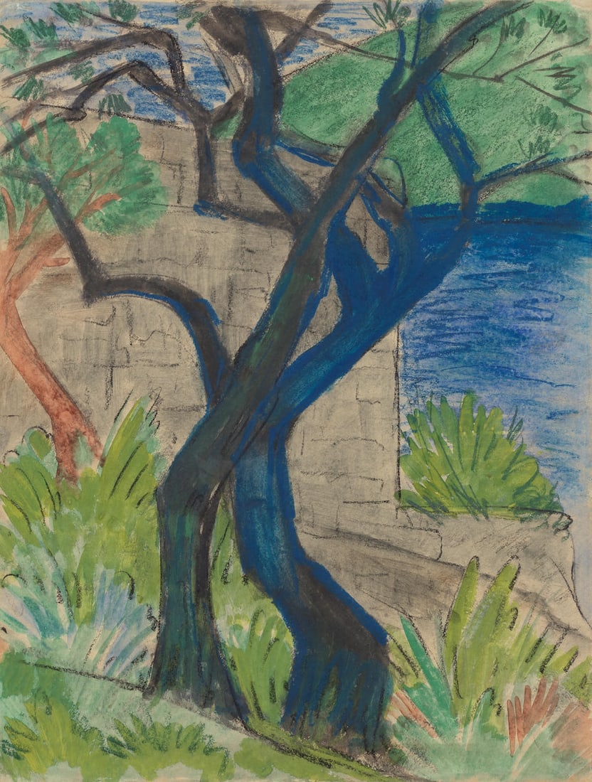 OTTO MUELLER (1874-1930) Flussufer mit blauem Baum (recto); Aktstudie (verso) (Executed circa 1924): OTTO MUELLER (1874-1930) Flussufer mit blauem Baum (recto); Aktstudie (verso) stamped with the artist's Nachlass stamp and signed by Erich Heckel (on the reverse) gouache, watercolour and pastel on pa