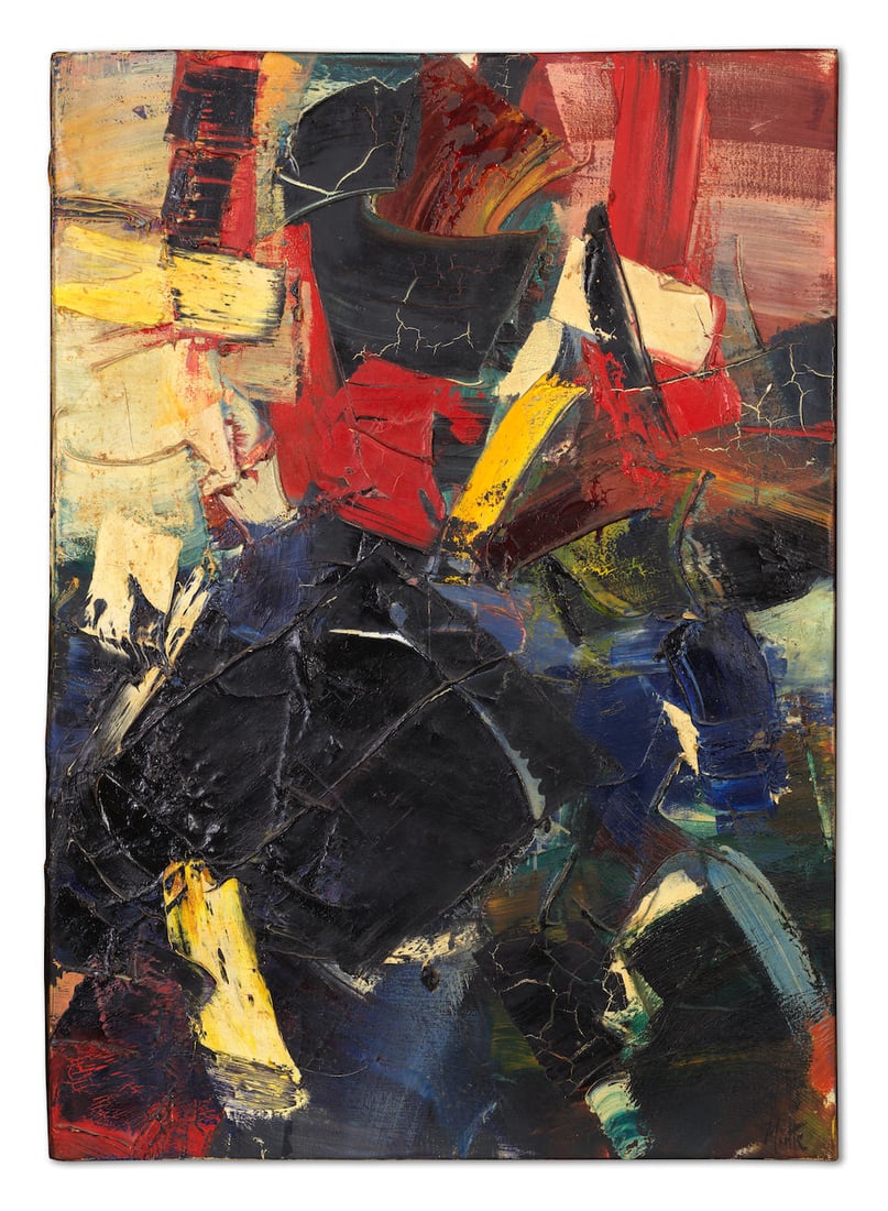 JEAN MIOTTE (1926-2016) Untitled (Painted in 1960): JEAN MIOTTE (1926-2016) Untitled signed 'Miotte' (lower right); signed and dated 'Miotte 60' (on the reverse) oil on canvas 92 x 65cm (36 1/4 x 25 5/8in). Painted in 1960 Footnotes: Provenance Priv