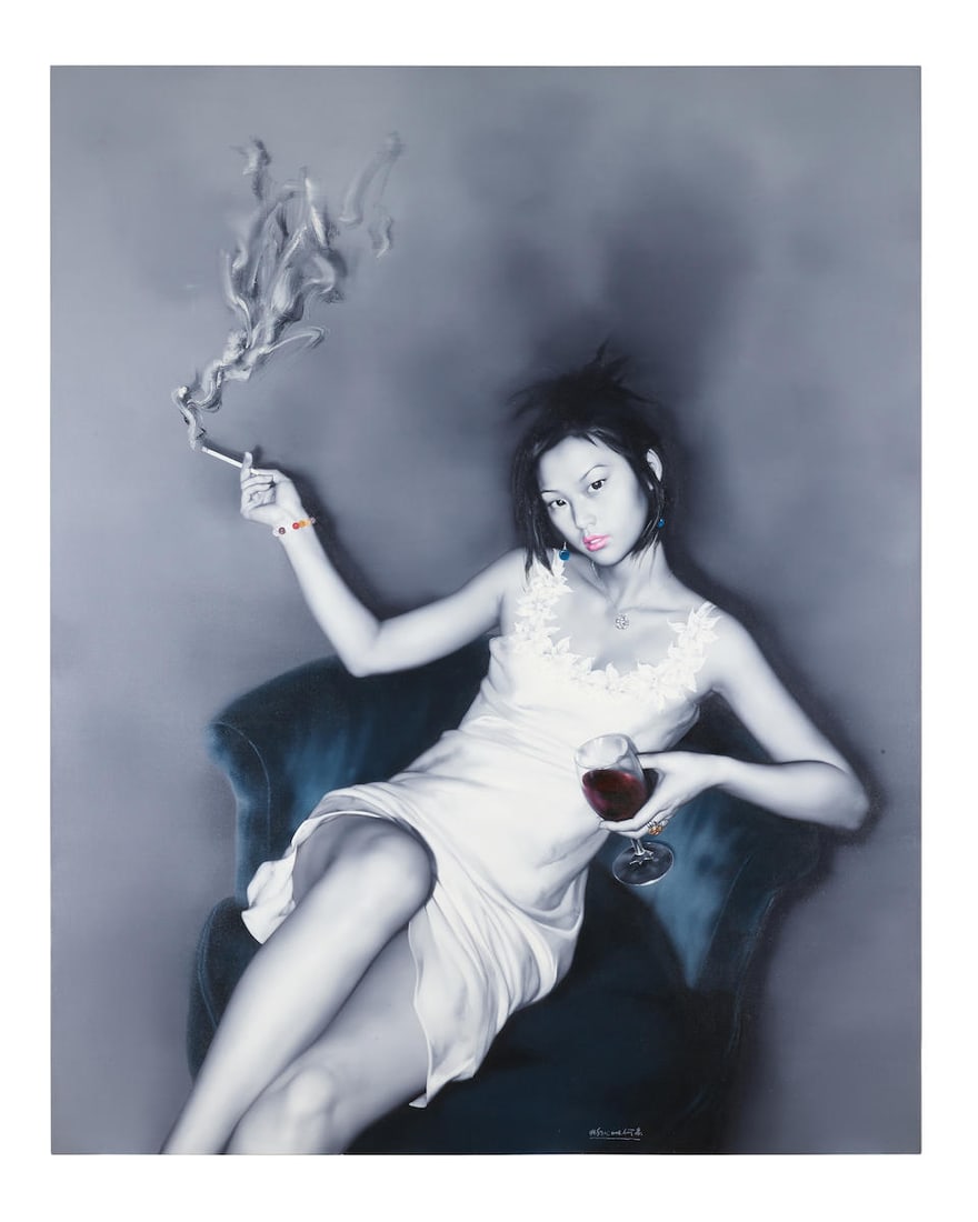 He Sen (B. 1968) I need both of cigarette and wine 2008: He Sen (B. 1968) I need both of cigarette and wine 2008 signed and dated 2008 on the lower middle; signed, titled and dated 2008 on the reverse oil on canvas 250.5 x 200 cm (98 5/8 x 78 3/4 in) Footno