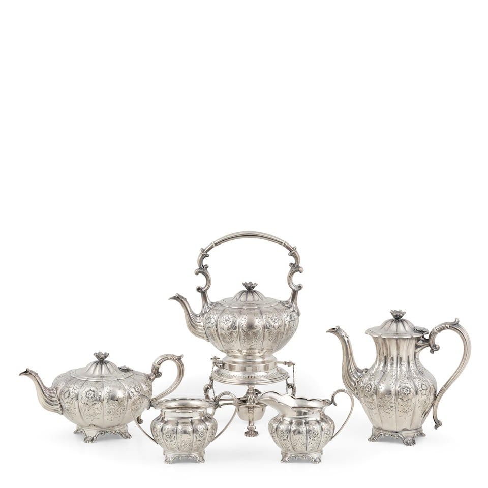 AN ENGLISH SILVER REPOUSSÉ AND BRIGHT-CUT FIVE-PIECE TEA AND COFFEE SERVICE by Barker Brot...: AN ENGLISH SILVER REPOUSSÉ AND BRIGHT-CUT FIVE-PIECE TEA AND COFFEE SERVICE by Barker Brothers Ltd., Birmingham, 1927 Comprising a teapot, a coffee pot, a hot water kettle on stand, a creamer, an